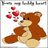 Brown teddy bear with beige belly and paws sits facing left, emitting red heart shapes from its mouth against a white background.