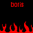 Red pixelated text 'boris' appears twice at the top of a black background, with red flame shapes along the bottom edge.