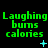 Green pixelated text "Laughing burns calories" on black background with cyan star and dot animations across three of identical text blocks