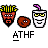 A contact sheet of 12 animated frames from an AIM buddy icon featuring pixel art characters and text elements arranged in a 4x3 grid on a gray background.