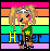 Pixel art animated contact sheet showing a character with pigtails and star shirt against rainbow stripes, cycling through text variations of "Hurt" in yellow and black letters.