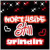 Black background with red and white text reading 'NORTHSIDE Still grindin' surrounded by small star-like shapes and heart outlines.