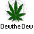 Green cannabis leaf icon with pixelated edges above black blocky text reading "DewtheDew" on white background.