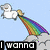 A four- shows a white sheep with rainbow-colored mane and tail emitting rainbows from its rear, alongside candy-themed with text "I wanna go to CANDY MOUNTAIN"