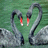 Two stylized swans with curved necks face each other against a green pixelated background, their beaks glowing red.