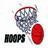 A four- icon with a basketball hoop and ball on white background, yellow gradient with text, and gray