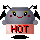 Pixelated gray character with black wing-like appendages, red cheeks, and green eyes, holding a pink sign reading HOT in red letters, with four distinct facial expressions across frames.