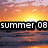 Sunset over water with text 'summer 08' in black block letters across the bottom, displayed as a of four