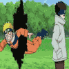Animated sequence showing two anime characters interacting with a black void in a grassy outdoor setting.