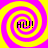 Four identical spiral patterns with alternating pink and yellow rings, each containing the text "HI!!!" in black pixelated font on a bright yellow background.