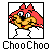 Pixel art icon of a cartoon character with red hair and yellow face running inside a black border, below which is the text "Choo Choo" in pixelated font.