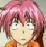 Pixelated anime-style character with pink hair, green eyes, and a neutral expression wearing an orange top against a light background.