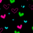 Pixelated heart shapes in pink, green, and cyan float against a black background with scattered small blue squares.