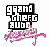 Pixelated text 'grand theft auto' in black and white with pink pixel art below on a white background.