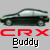 Pixelated image of a dark green sedan with light gray windows on a solid gray background, below red 'CRX' text and black 'Buddy' text.