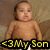 Pixelated image of a shirtless child with light skin and dark hair against a brown background, with yellow text reading '<3My Son' at the bottom.