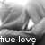 A grayscale image of a person in motion with text reading 'true love' at the bottom, transitioning to pink text.