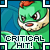 A contact sheet of 15 identical animated frames showing a green cartoon turtle-like creature with red hair and white beard against a blue background, each displaying the text "CRITICAL HIT!" in pixelated font.