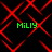 Green text 'MILY' appears four times over a black background with red pixelated lines forming a pattern
