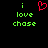 Green pixelated text 'i love chase' on black background with red heart symbol above the first 'i'.