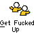 Two yellow figures with white circular heads stand side-by-side on a gray background, one figure's arm moves from extended to retracted position.