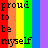 Animated contact sheet of a rainbow-striped icon with changing text phrases and repeated 'gay' signatures across five frames.