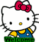 Hello Kitty character with red bow, yellow shirt, blue overalls on gray background; green 'Welcome' text below.