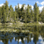 Pixelated landscape with trees reflected in water under a blue sky with scattered clouds.