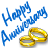 Blue pixelated text reading 'Happy Anniversary' curves over two interlocked golden rings on a white background.
