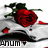 A pixelated red rose with green leaves and stem, resting on a white surface with scattered red petals and a black curved shape below.