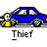 Animated contact sheet of a blue car thief icon with yellow running stick figure, showing sequential frames of motion and text bubble.