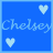 Blue background with light blue text 'Chelsey' and four heart symbols in two distinct color variations.