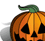 Pixelated orange pumpkin with carved triangular eyes and nose, green stem on top, black mouth, white background.