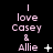 A black background displays three vertical of pink text reading "I love Casey & Allie" with varying symbols and dots next to the names