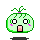 Two pixel-art characters with green rounded bodies, pink blush marks, and small green leafy tops on gray background.