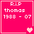 Four pink square with white text reading "R.i.P thomas 1988 - 07" and varying heart symbols at bottom-right corners