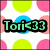 Pixelated icon with green text 'Tori<33' over a white background featuring pink and yellow circular shapes.
