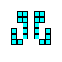 16 distinct pixel art icons in cyan and black, each forming unique abstract shapes with varying block arrangements and negative space patterns