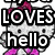 Hello Kitty character with pink bow and dress, holding a phone, with text 'LOVES hello' in black and white block letters.