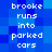 Pixelated blue background with white text reading 'brooke runs into parked cars' repeated twice in a