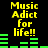 Yellow pixelated text "Music Addict for life!!" appears above green horizontal bars on a black background, with the bar heights changing across frames.