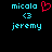 Pixelated text and symbols on black background: 'micala' in cyan, red heart symbol, '<3', 'jeremy' in cyan.