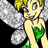 Pixelated fairy character with blonde hair, blue eyes, and silver wings holding a green gem against black background.
