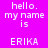 Pixelated text on a bright pink background with light blue rectangular overlays, displaying 'hello. my name is ERIKA' in white block letters.