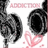 Pixelated image split into two sections: left shows grayscale headphones with pink heart and partial text, right displays blue 'Addicted Music' on black background.