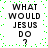 Four identical text blocks reading WHAT WOULD JESUS DO? arranged in a with green pixel dots scattered across the white background