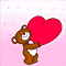 Brown teddy bear with white chest and inner ears holds large red heart against pink background with small light pink squares.