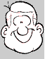 Cartoon head with rounded cheeks, short hair, and a wide smile showing teeth in two sequential expressions.