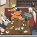 Animated scene of anime characters at a dining table with food and drink, showing sequential movement of a character's arm and body posture changes.
