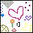 Pixelated icon with pink heart outline, small purple heart, orange flower, blue square, and black smiley face on pastel background.